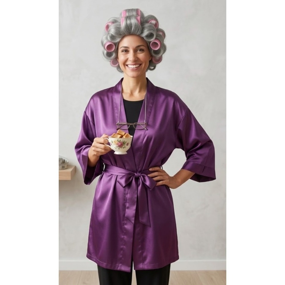 Costume Set Purple Satin Robe Grey Curly Granny Wig Hair Rollers